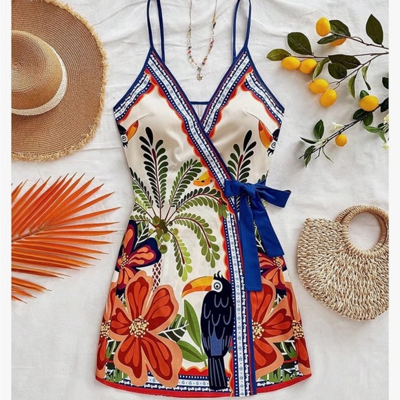 Amazon Dresses & Skirts - NWOT Tropical Wrap Dress with Blue Ribbon